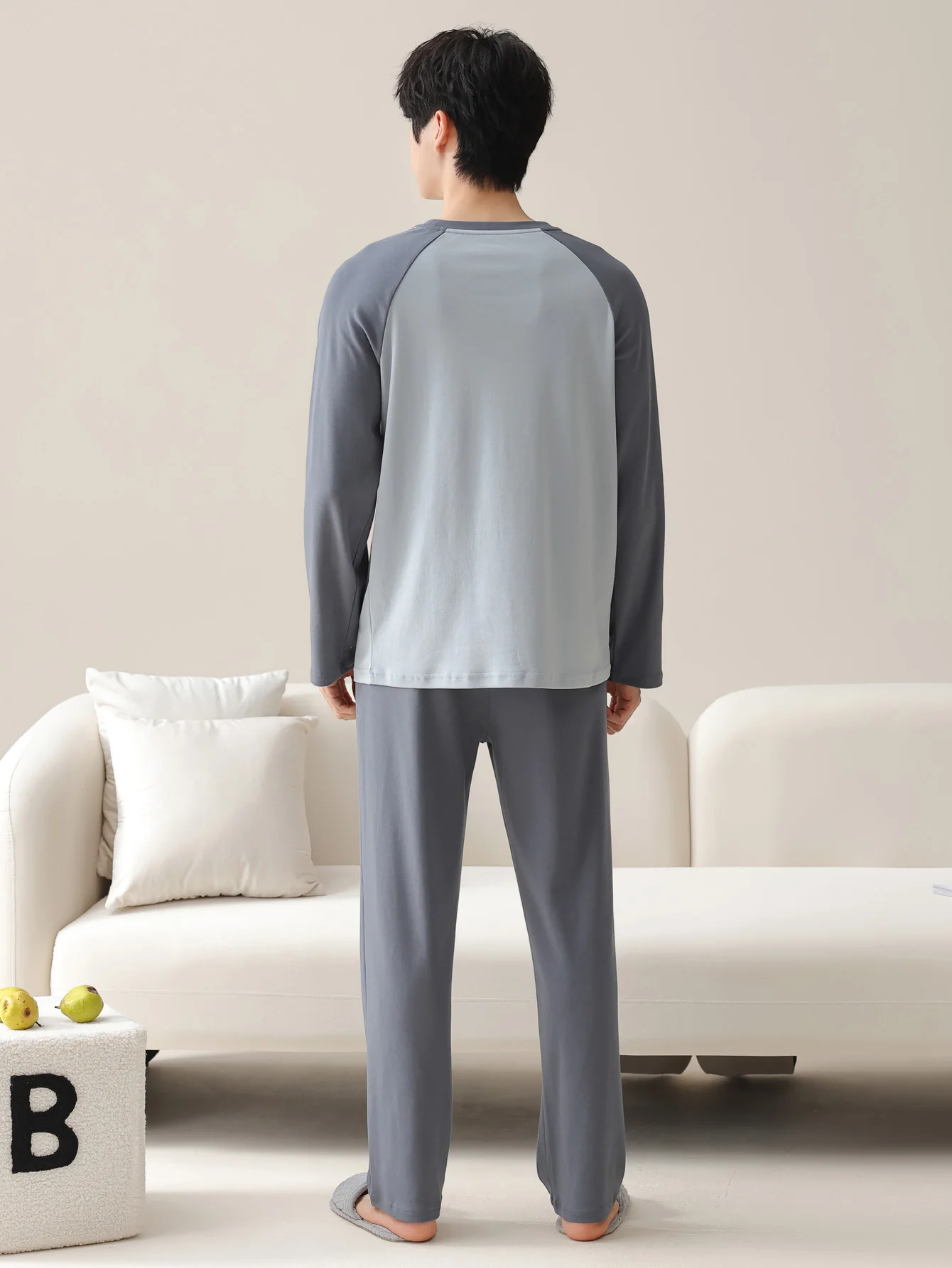 ملابس نوم رجالية 100% قطن بأكمام طويلة للفصول الأربعة مقاس كبير، طقم بدلة منزلية من القطن الخالص للمراهقين للدفء #5