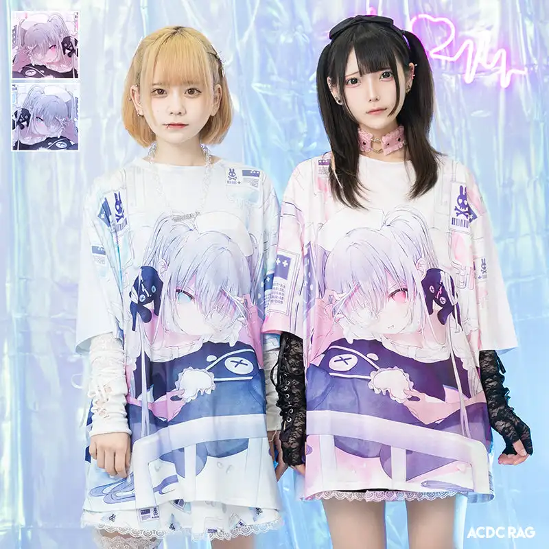 Harajuku Menhera Nurse Anime Girl T-shirt Printed Pink Blue Manga Character Y2K Japanese Street Dress Adult Children