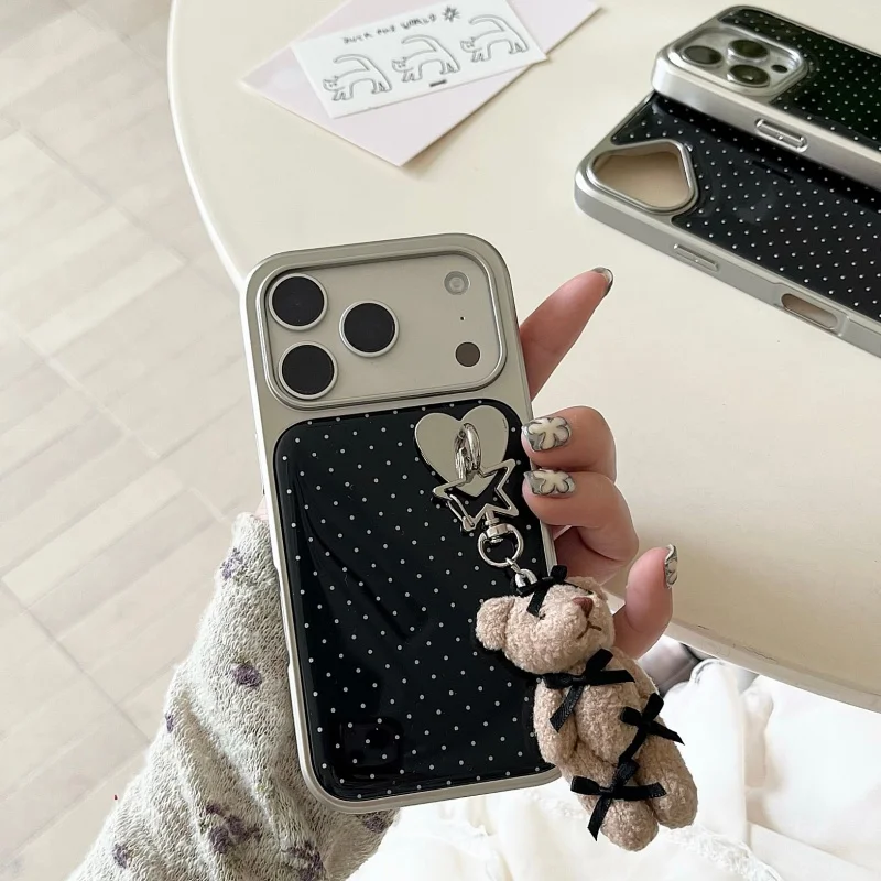 Korean Black Polka Dots Plating Phone Case For iPhone 17 Pro 16 15 14 Pro Max Cover with Cute Bear Pendant Cartoon Cases For Gir