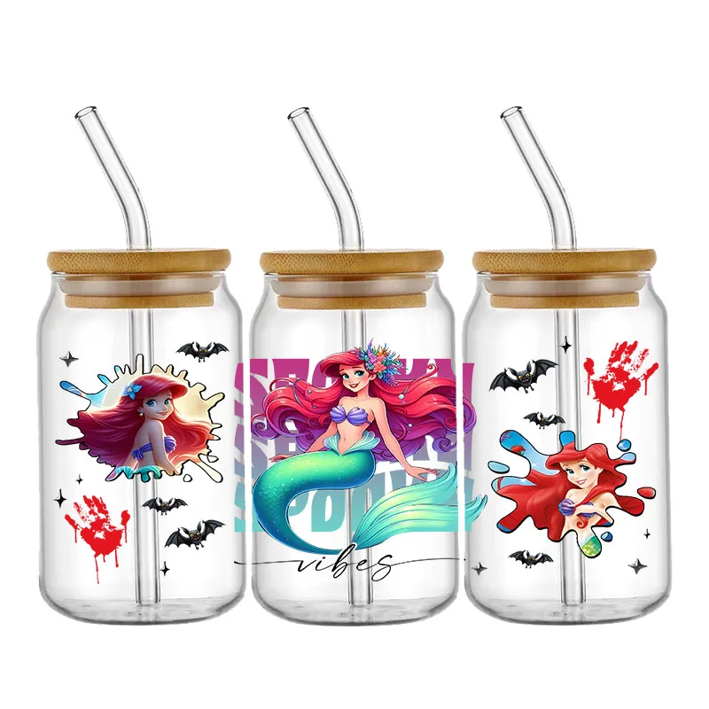 Disney Stitch Mickey Princes UV Dtf Cup Wraps Transfer Aufkleber für 16 Unzen Glas Libbey kann selbst klebende wasch bare DIY benutzer definierte Flasche