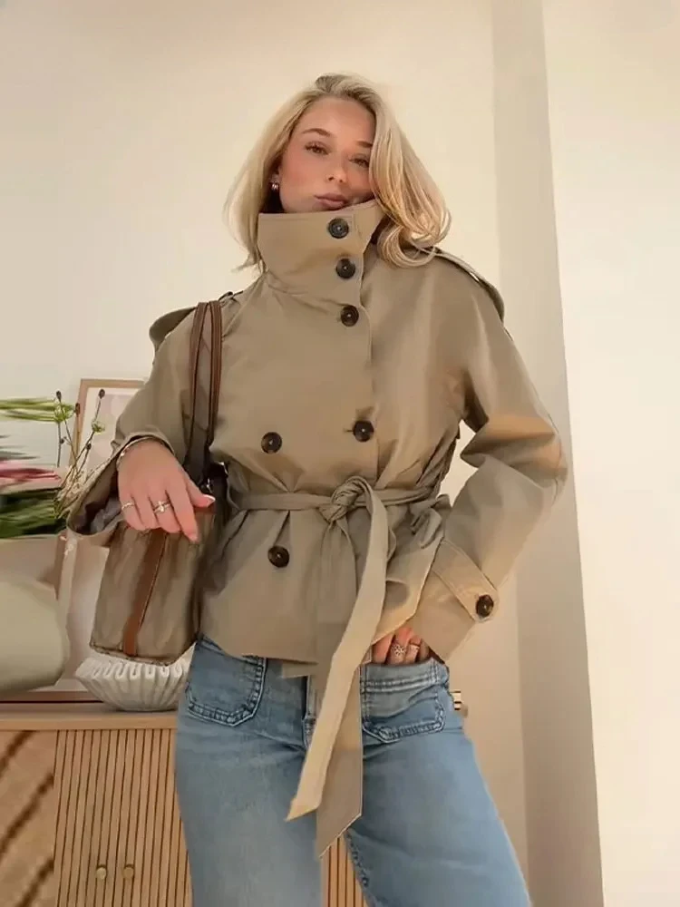 Street Women's Belt Cropped Trench Coat Elegant Stand Collar Double Breasted Long Sleeve Jacket  Autumn Lady Commute Outwear
