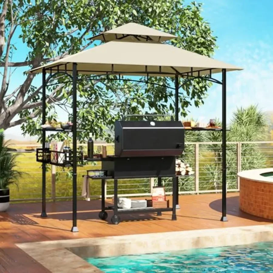 8x5 Feet Grill Gazebo 2-Tier Barbecue Gazebo with 2 Shelves 20 Hanging Hooks Bottle Opener Storage Basket Outdoor Grill  for Ba