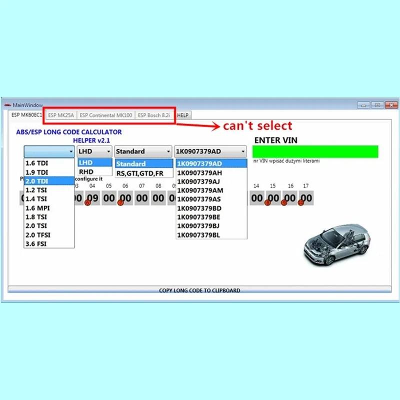 Calculatrice de code long pour VW ABS, logiciel, sculpture, installation, installation, vide, aide, MK60EC1, ESP, le plus récent