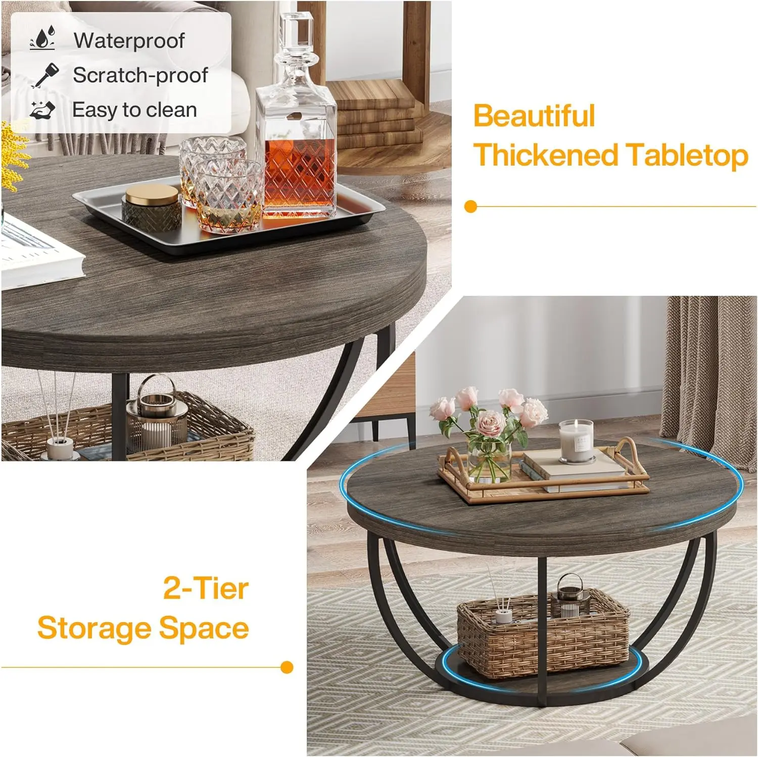 Round Coffee Table, Industrial Circle Coffee Table with Storage Shelves, Modern Wooden Accent Center Table for Living Room