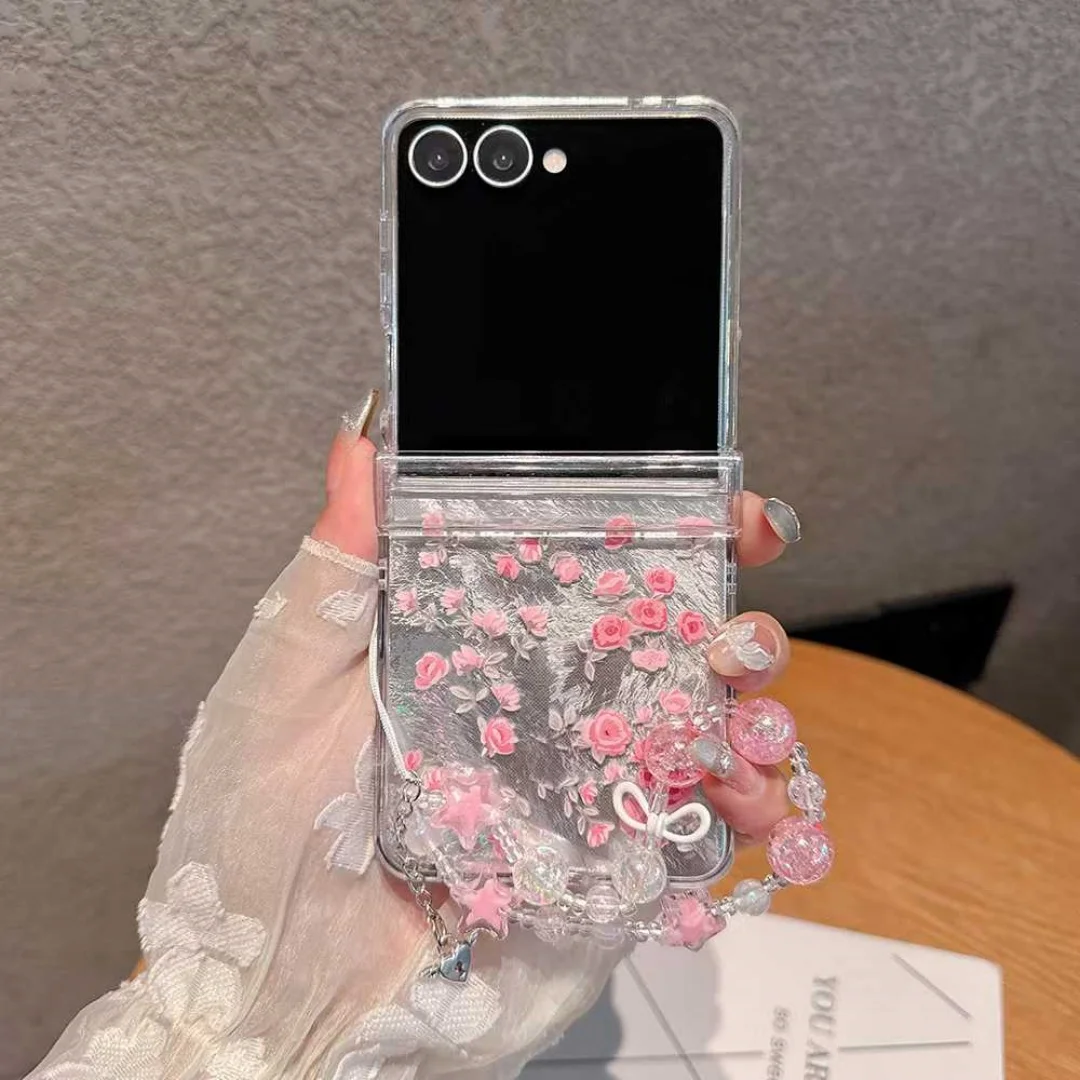 

Cute Fresh Blue Pink Floral Laser Transparent Phone Case for Samsung Galaxy Z Flip 5 6 Z Flip6 ZFlip 7 Zflip6 Zflip5 Cover