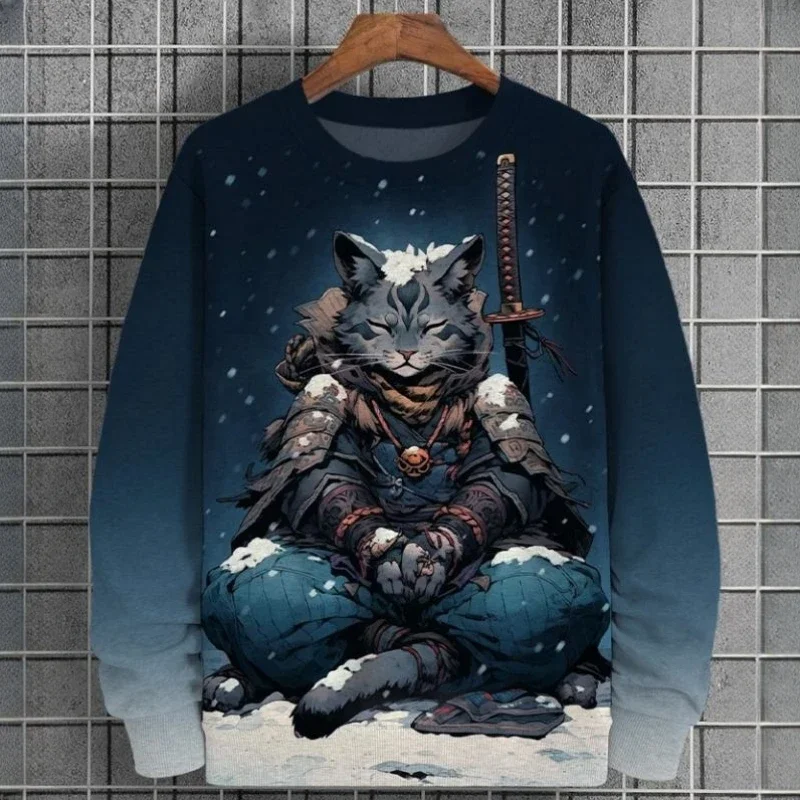 Men's Retro Hoodie Sweater Pullover 3d Warrior Cat Print Long Sleeve T-shirt Top Autumn Fashion Oversized Men's Clothing