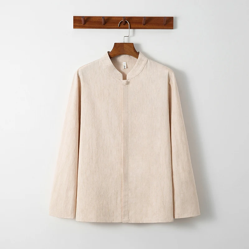 Men's Vintage Chinese Style Mandarin Collar Shirt Long Sleeve Ethnic Top Breathable Casual Wear with Frog Buttons