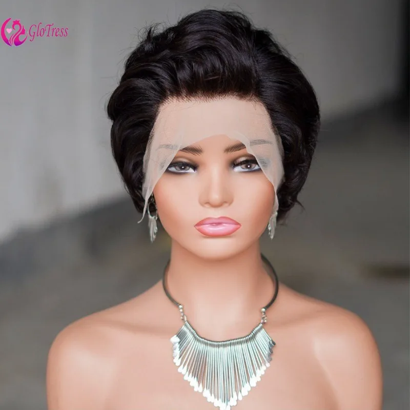 

High Quality Ear To Ear 13x4 Frontal Lace Wig Brazilian Virgin Remy Human Hair Short Pixie Cut Wig Side Bangs Comfortable 6 Inch