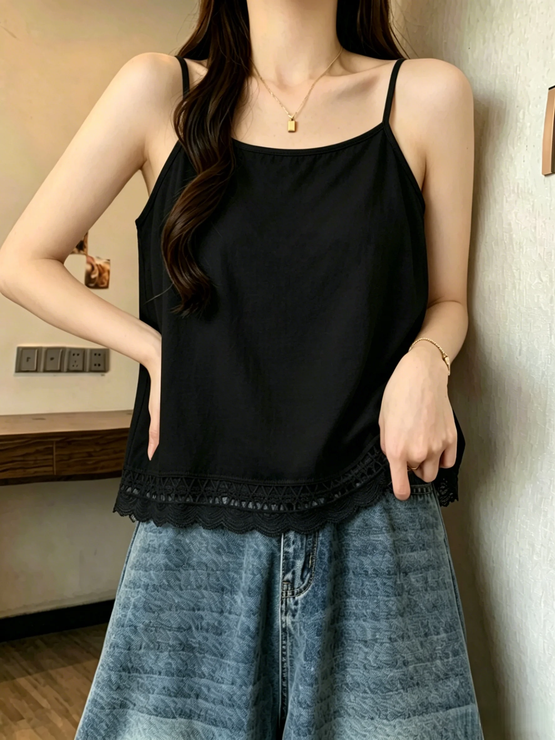 Summer New Style Women's Lace Crop Top Loose Fit Sleeveless Vest 95% Cotton Comfortable Breathable Tank Top for plus Size
