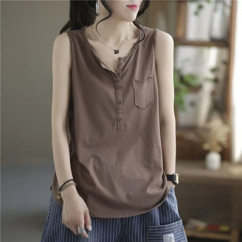 

Fashion O-Neck Button Pockets Sleeveless Tank Top T-Shirts Female Clothing Summer New Loose Korean Tops Casual Tee Shirt