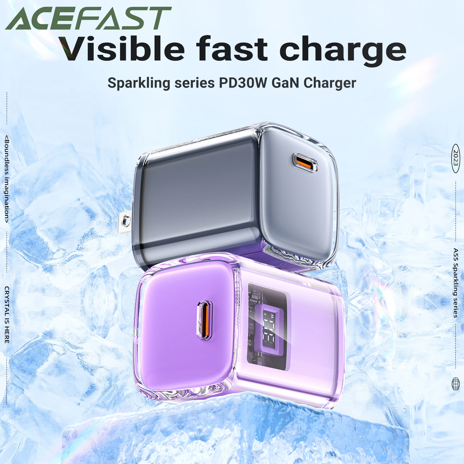 ACEFAST-Chargeur USB C Crystal GaN 30W A55, charge rapide, adaptateur mural de voyage, pour iPhone 16/15 Pro Max et Samsung S24 S23