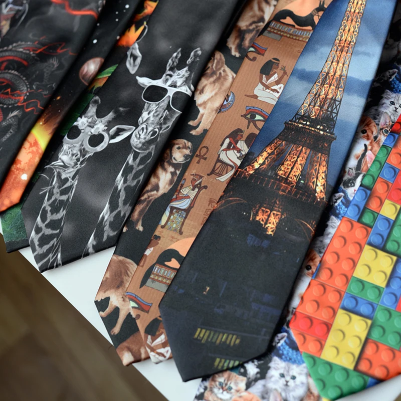 2024 New Creative Oil Painting Black Neckties Adult College Boys Girls 8cm Tie Polyester Frog Loong Printed Starry Sky Neck Ties