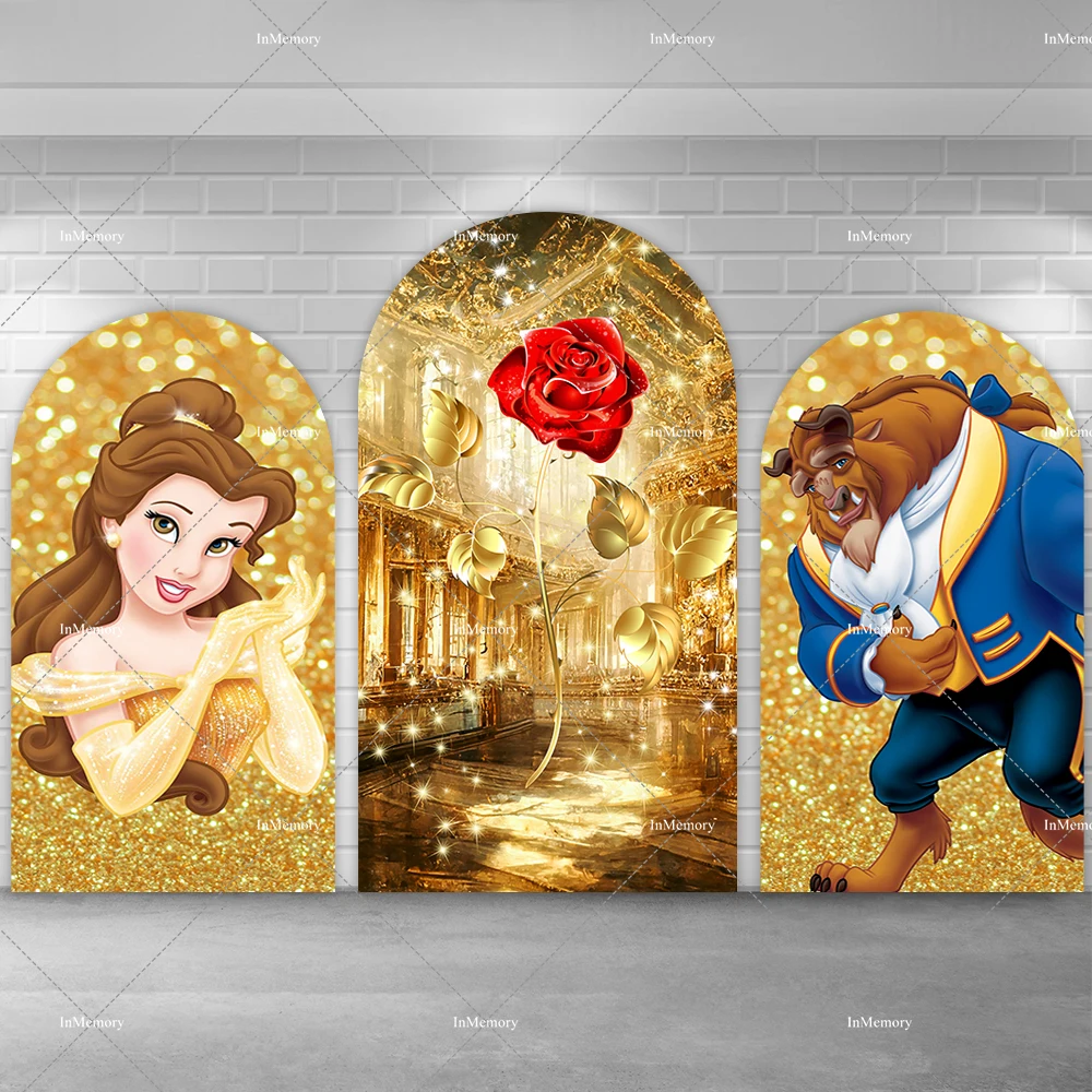 الفتيات عيد ميلاد الأميرة حسناء قوس خلفية غطاء الكرتون الجمال والوحش موضوع استحمام الطفل صور خلفيات الإمدادات