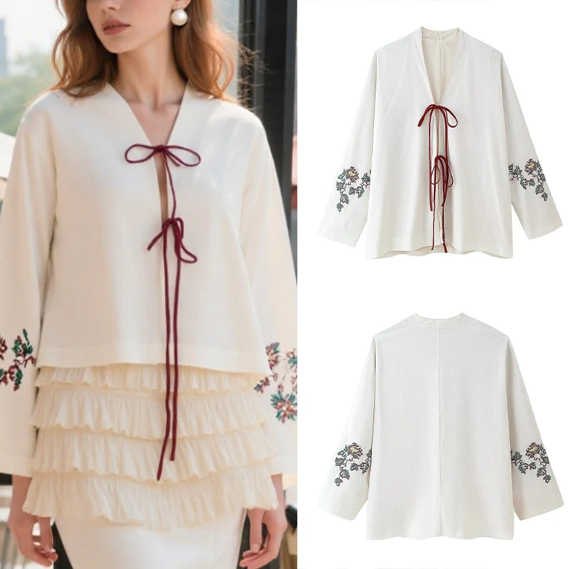 

2025 Summer New Women Jacket Floral Embroidery Kimono Burgundy Drawstring Fashion V Neck Casual Daily Semi Formal Occasions