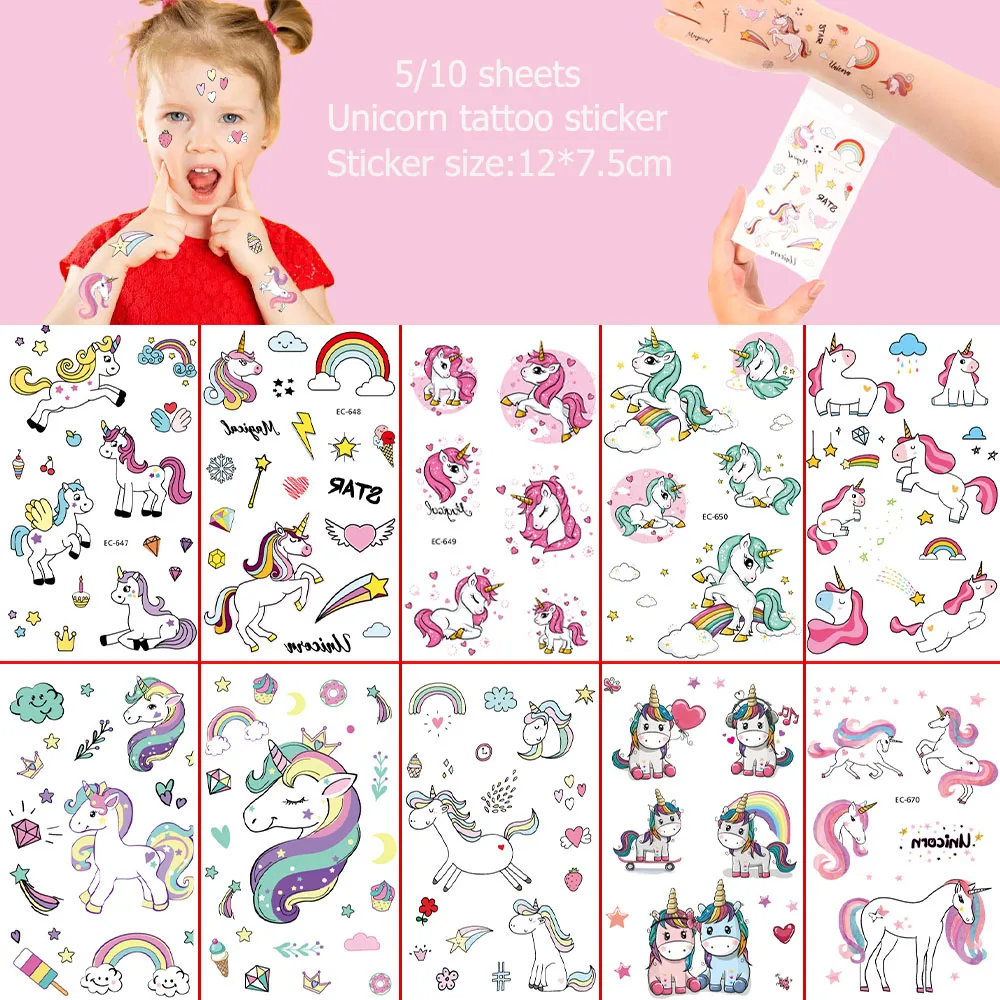 5/10Sheets/set Fake Unicorn Tattoo Stickers Children Cute Cartoon Temporary Tattoos Girl Arms DIY Body Art Unicorn Party Decor