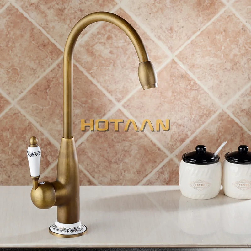 Hotaan Antique Brass Finish Kitchen Faucet  Swivel Basin Faucet 360 Degree Rotation Hot & Cold Water Mixers Tap Copper Made