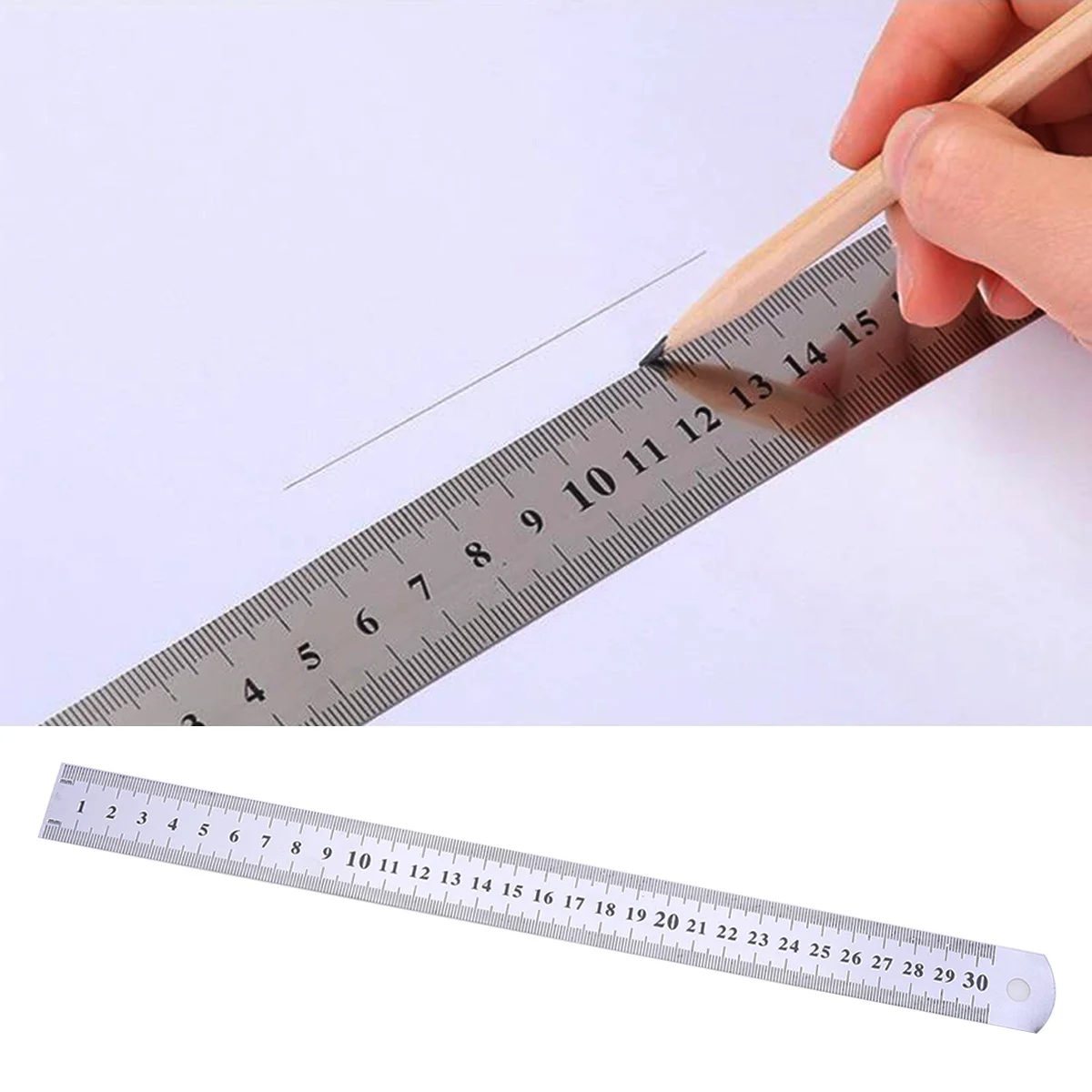 10 Buah Penggaris Logam Baja Tahan Karat 30Cm Skala Sisi Ganda Alat Ukur Rumah Kantor Sekolah Akurasi Tinggi Perak
