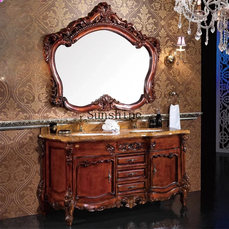 

European oak antique bathroom cabinet double basin combination floor vanity