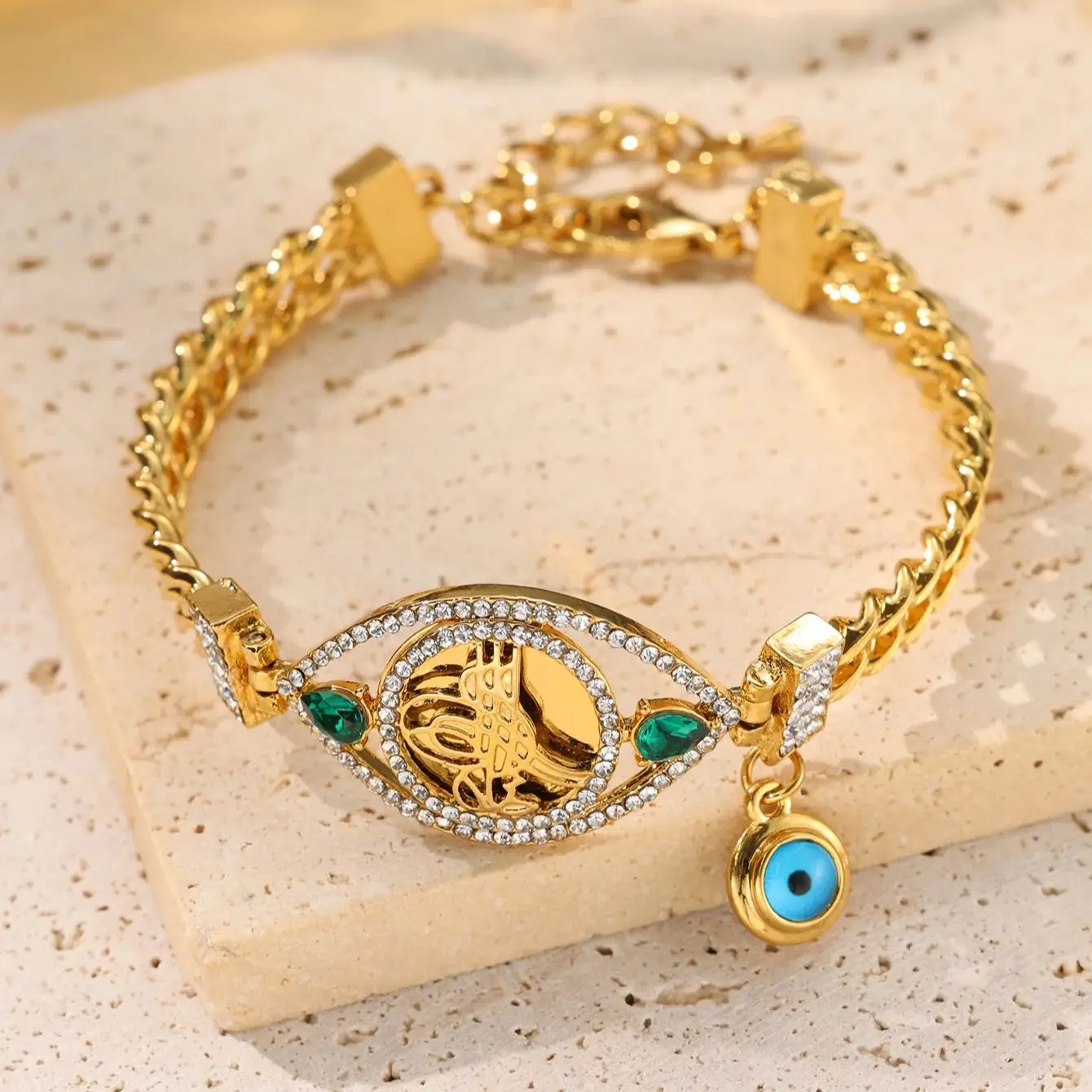 Gold Plated Ottoman Coin Design Hand Bangles Crystal Side Open Bracelets Middle East Women Lucky Eye Jewelry