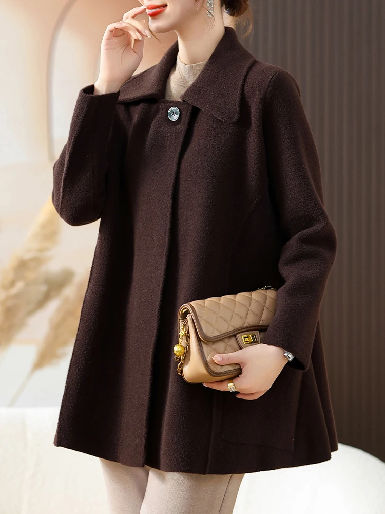 

Весенне-осеннее красное шерстяное пальто для женщин среднего возраста: модный элегантный корейский кардиган свободного кроя, однотонный, с воротником