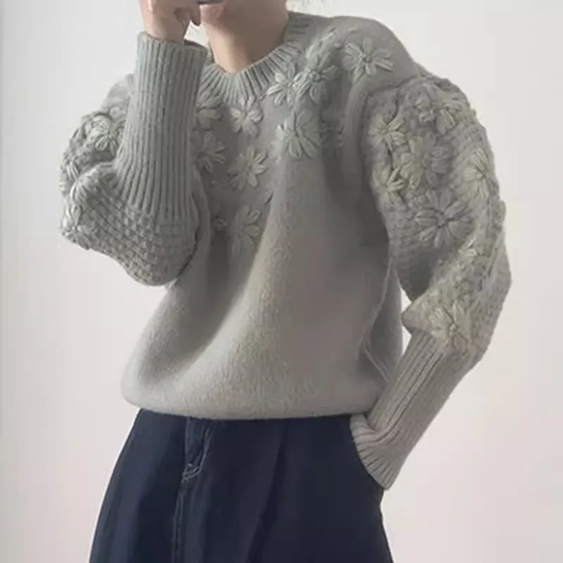 Spring Korean Vintage Short Knitted Pullover Tops Flowers Decoration Round Neck Lantern Sleeve Ladies Knitting Sweater Jumper