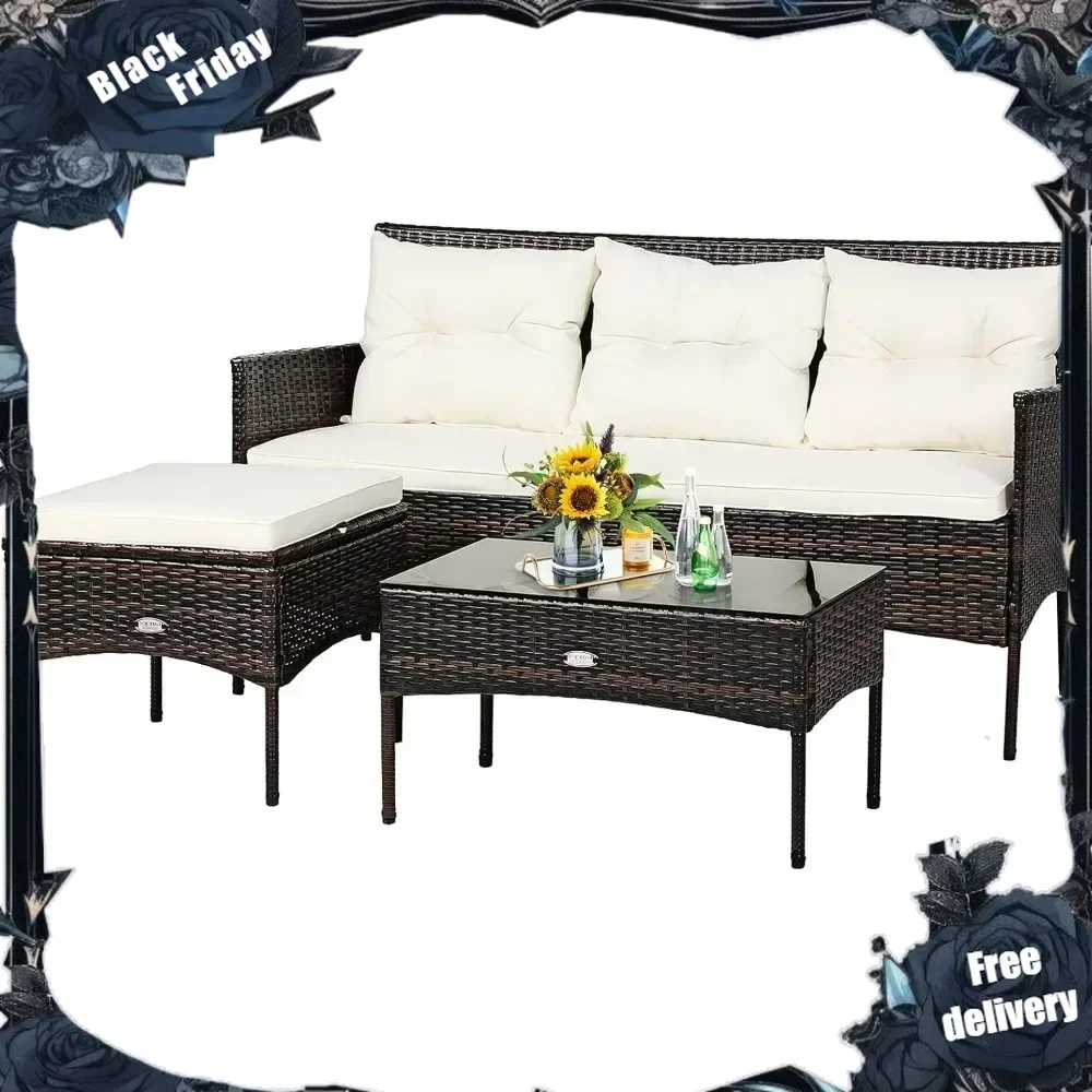 

Patio Conversation Set, Outdoor PE Rattan Wicker Furniture Set W/Cozy Cushions, All Weather Sectional Sofa