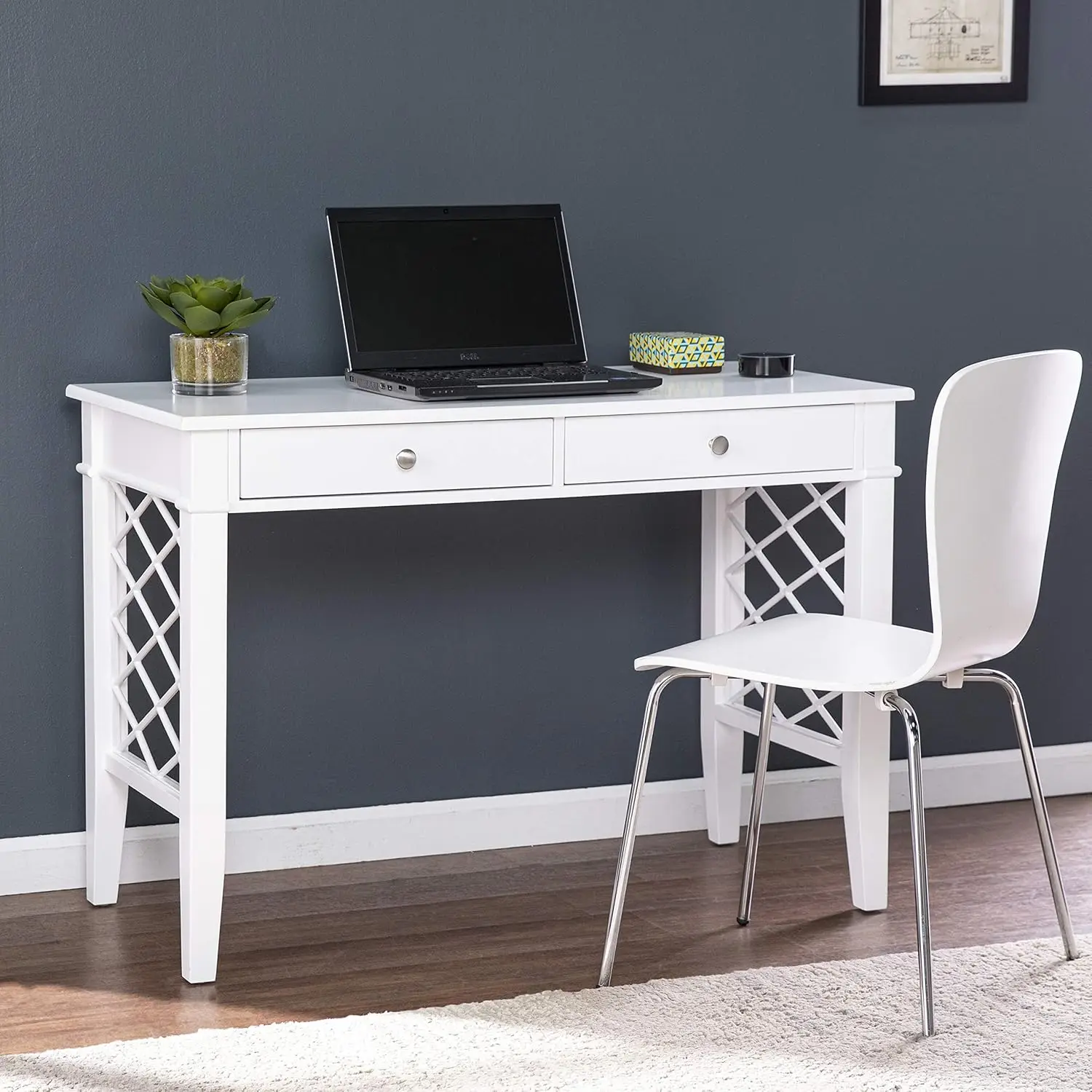 Transitional Writing Desk White Iron Wood Home Office Living Room, Customized