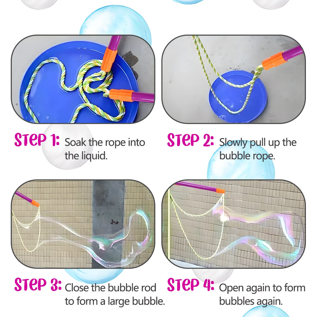 Corde à bulles géante en acier inoxydable, 2 pièces, baguette de conception télescopique, cadeaux de fête, activité de plein air pour enfants