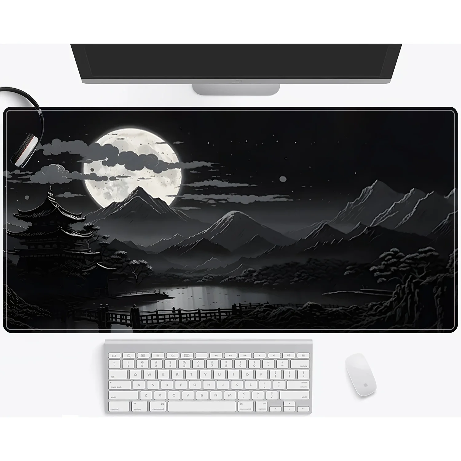 Large Gaming Mouse Pad, Mountaintop Lake with Full Moon Design, Rubber Non-slip Table Pad, Perfect for Office or Gaming Settings