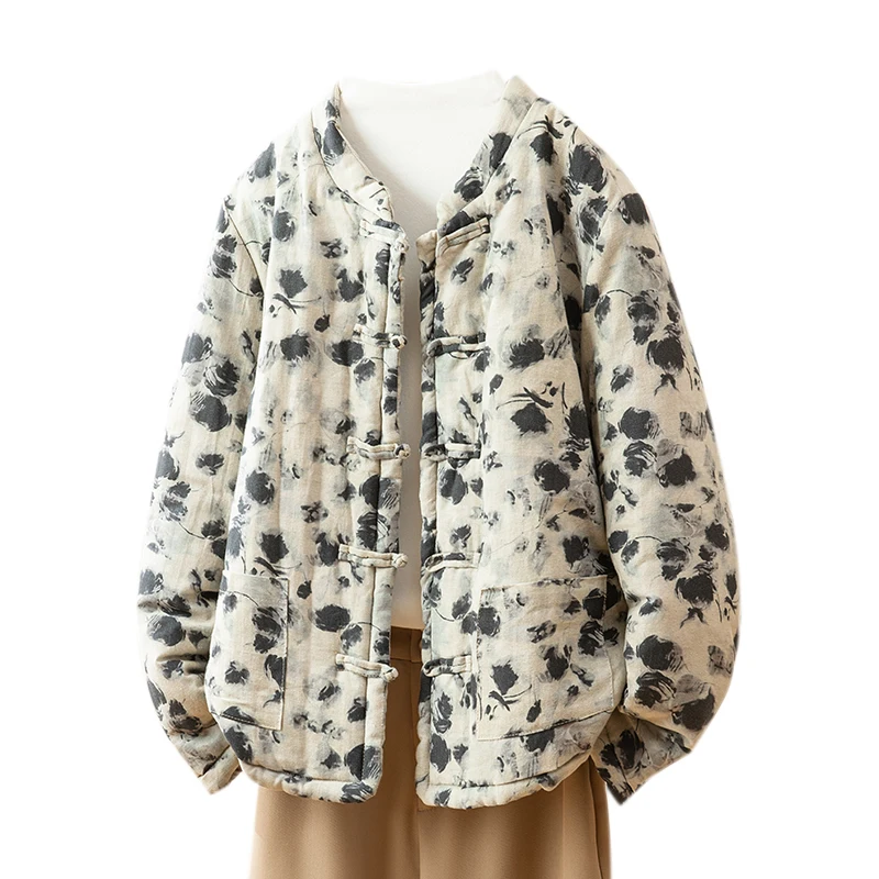 เสื้อคลุมผ้าฝ้ายสำหรับผู้หญิง ผ้าฝ้ายผสมลินิน เสื้อผ้าฤดูหนาว ฮันฟู ติดกระดุม ทรงตรง แขนยาว ความยาวปกติ