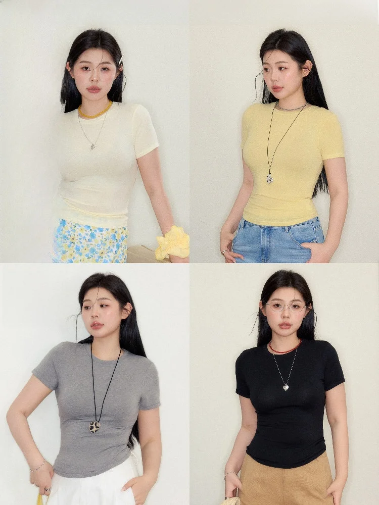 

JULULOOK Studio Simple Tee plus Size ort Sve Slimming Elastic Sweet And Spicy Women's Summer Top Versatile plus Size