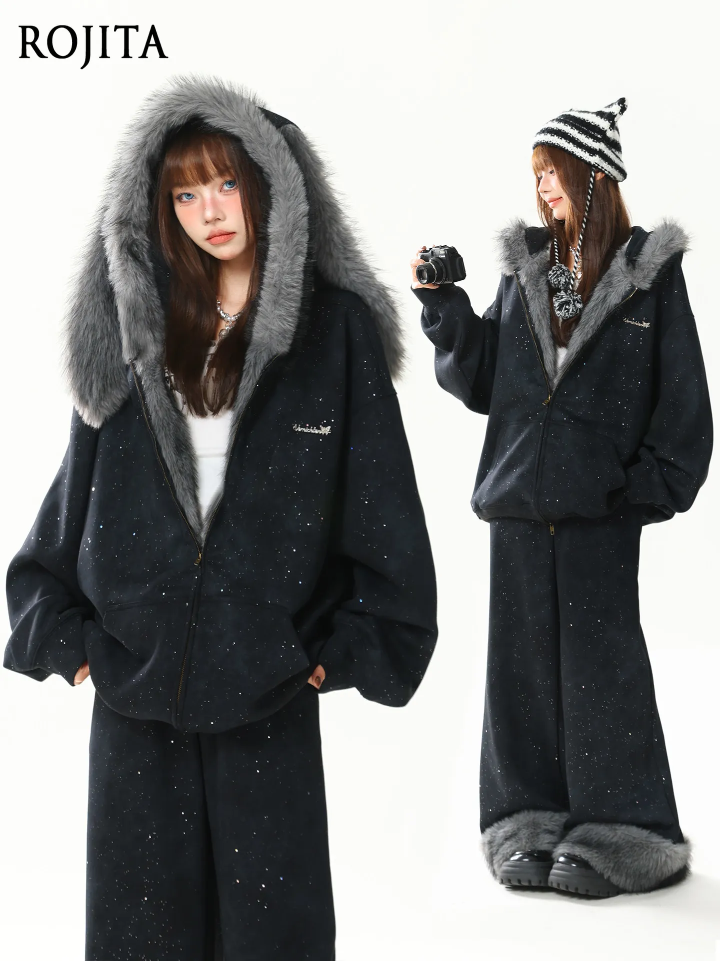 

Женская толстовка в американском стиле с меховым воротником и кроличьими ушками, зимняя, на флисовой подкладке, свободного кроя, черные флисовые брюки