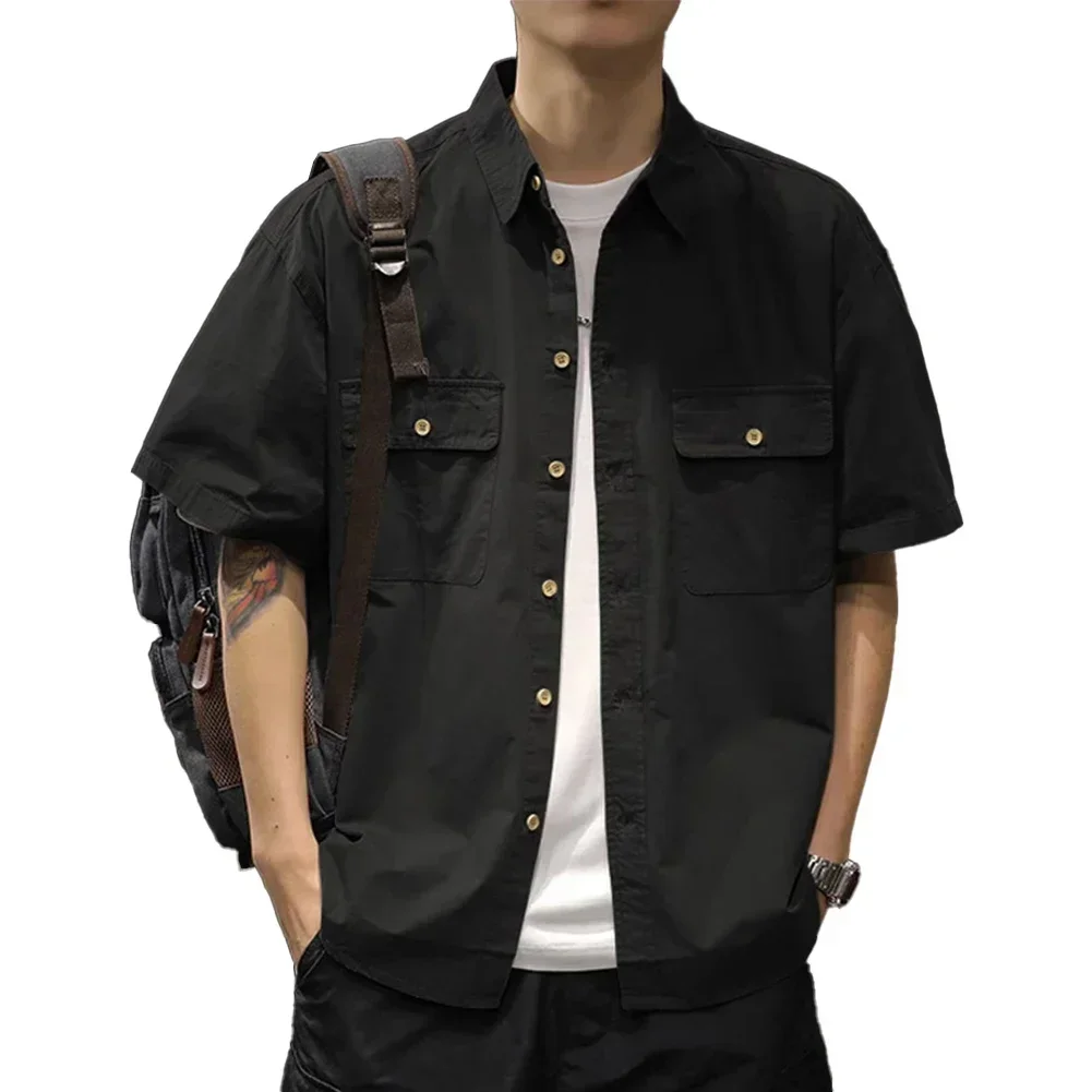 

Button Button Down Shirt Army Green Men's Casual Shirt Cargo Style Summer Wear Turn-down Collar Pockets Design
