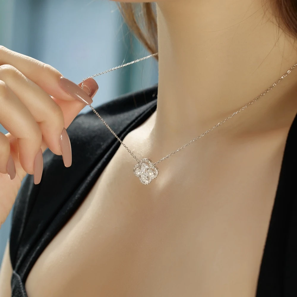 Wong Rain 925 Sterling Silver 4MM Princess Cut Lab Sapphire Citrine Gemstone Four-leaf Clover Pendant Necklace Fine Jewelry Gift