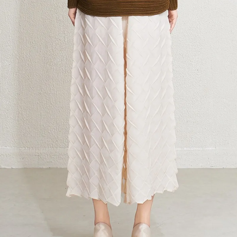 مياكي 2026 ربيع جديد النساء السراويل تنوعا مرونة الخصر مربع مطوي تسع دقائق واسعة الساق السراويل حجم كبير تمتد الملابس