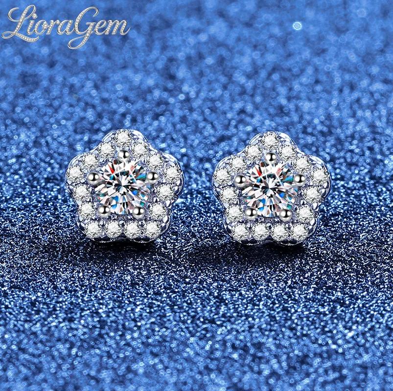 LioraGem Compact Plum-Shaped Moissanite Stud Earrings Women, Exquisite Pentagonal Diamond-Studded Earrings Platinum PT950 Stamp