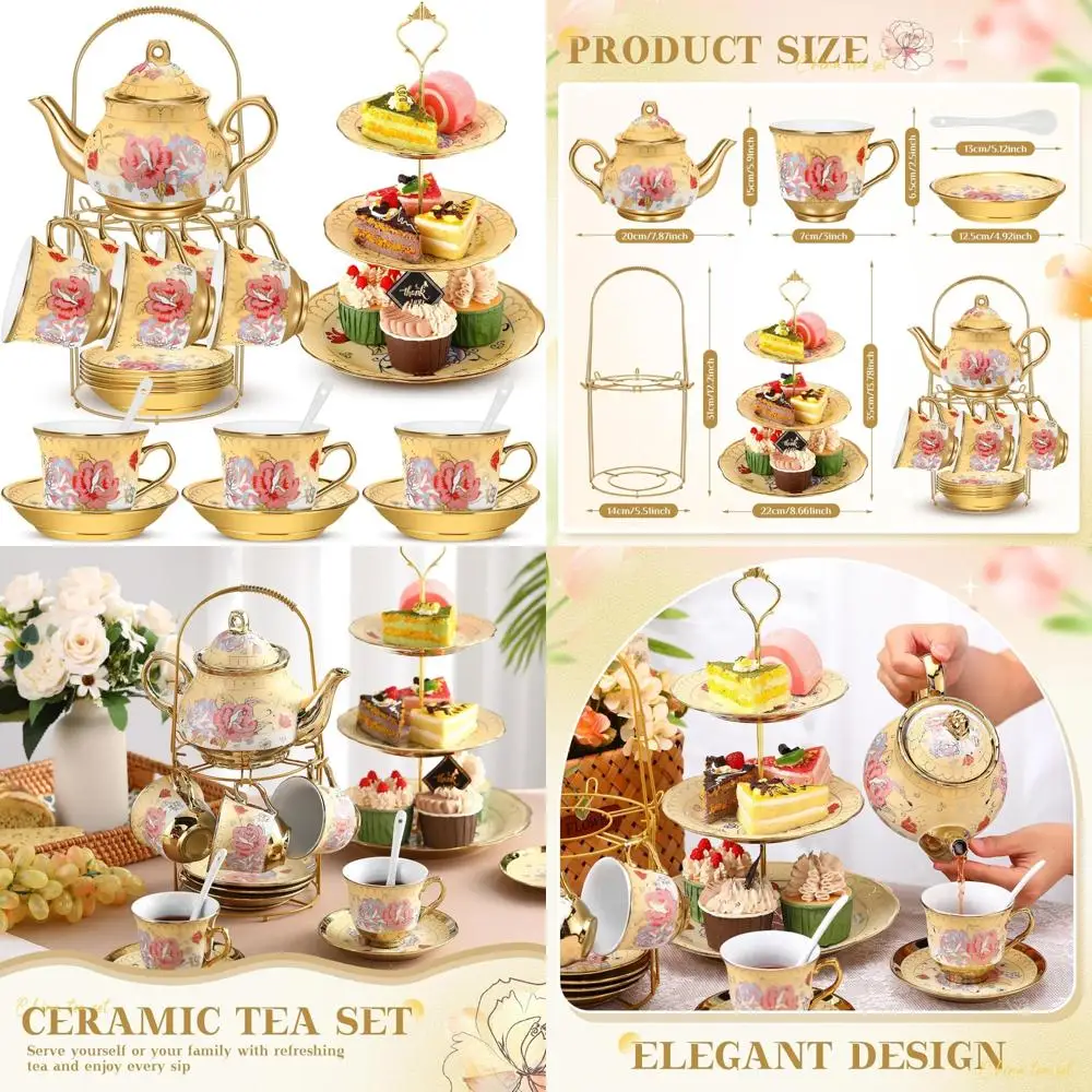 

21pcs Porcelain Teapot Parties Set with Metal Holder and Cupcake Stand Ceramic Tea Pot Cups Saucers Cupcake Tier Tower for Women