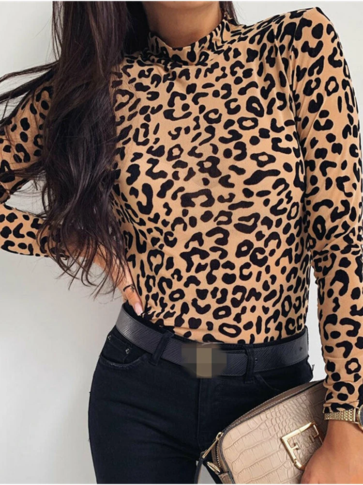 Women Blouses Fashion Leopard Print Turtle Neck Blouse Autumn Long Sleeve Shirts Party Ladies Clothes Womens Blouses And Tops