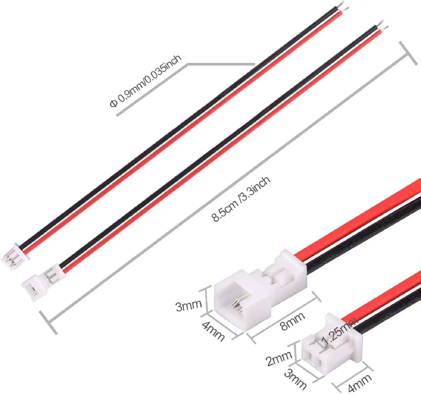 JST 1.25mm 2 Pin Micro Male Female Connector Plug with Red Black Wire Cable 80mm Terminal Wire Aerial Docking Extension Cable