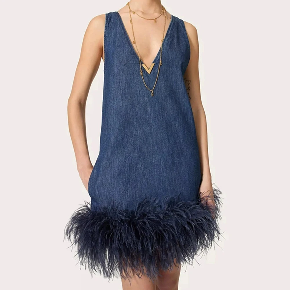 

European and American style short skirt 2025 summer new fashion all-match denim splicing feather slim fit dress-GZXX972