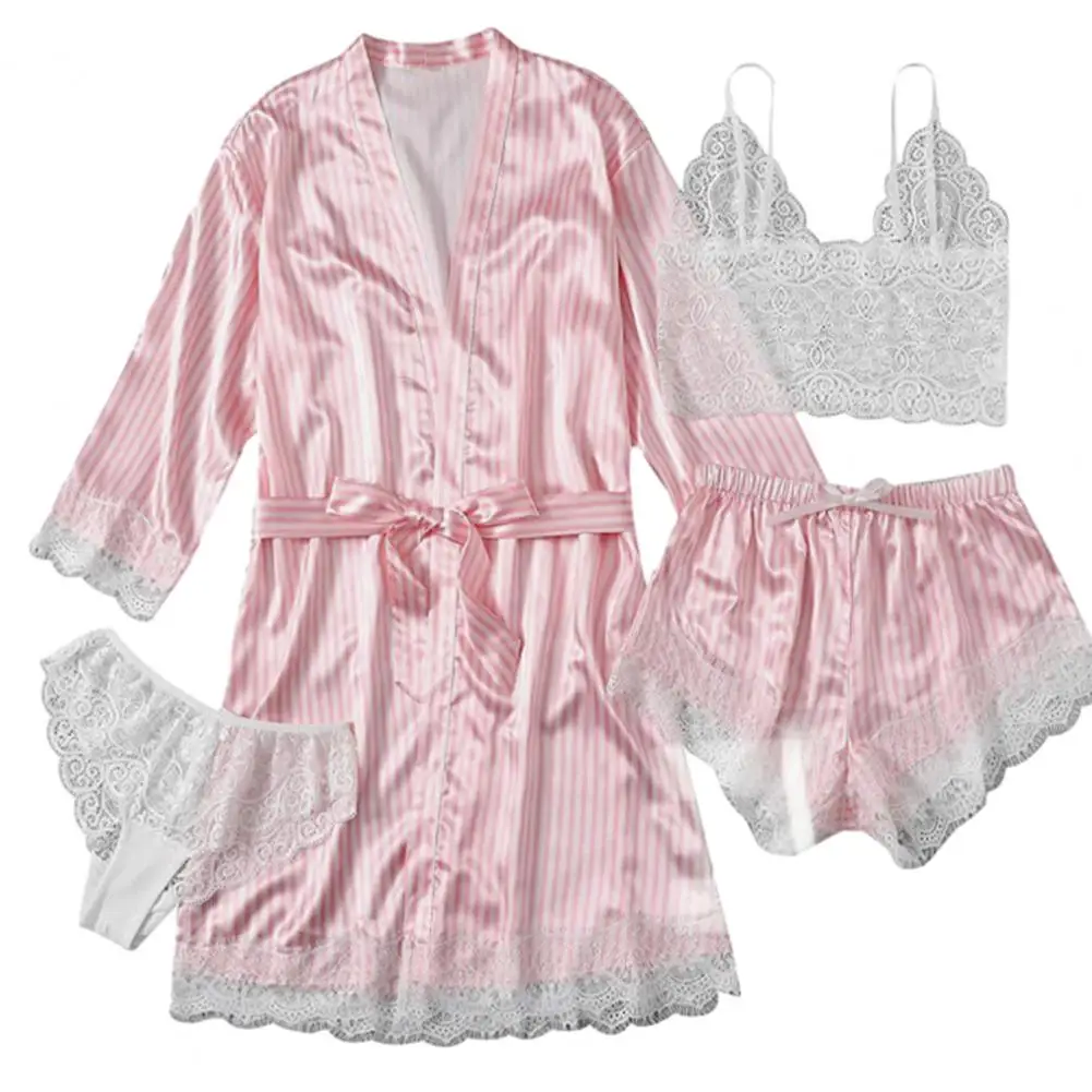 High-end Women Pajama Set Women\'s Lace Striped Satin Pajama Set with Long Sleeve Robe Vest Shorts Soft Belted Sleepwear with Bow