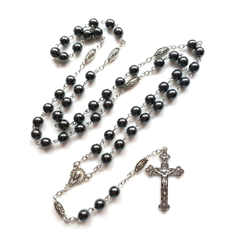 Hematite Stone Rosary Necklaces Beaded Pendant Religious Neck Chain Catholic Christian Jewelry Gift for Men Women