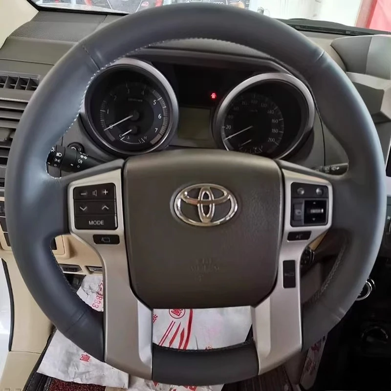 for Toyota Land Cruiser Prado 2010-2017 Hand-Stitched Non-Slip Black Smooth Genuine Leather White Line Car Steering Wheel Cover