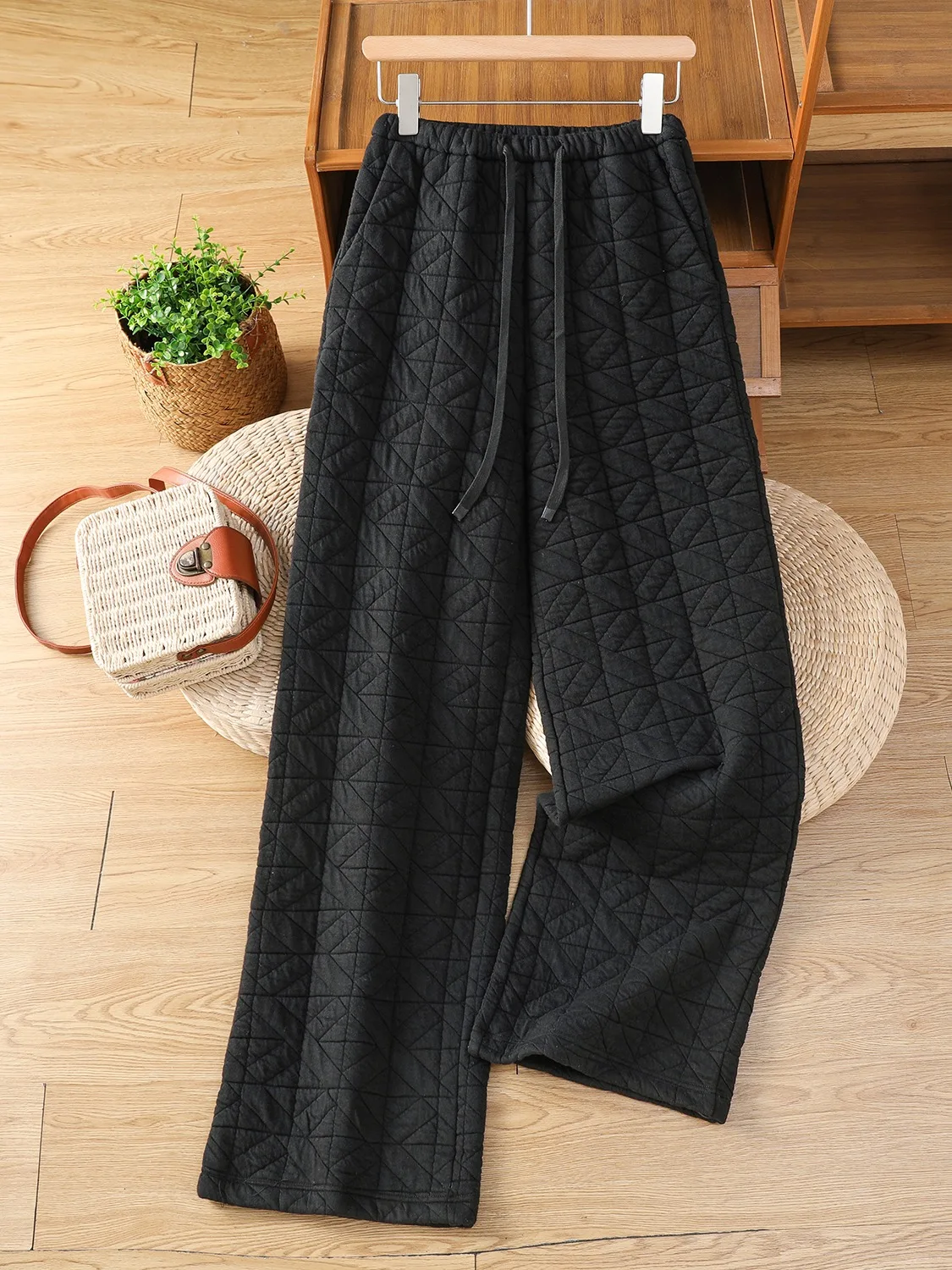 Retro Classic Diamond Stitched Straight Cotton Pants Women Winter High Waist Belt Casual Home Wide Leg Trousers