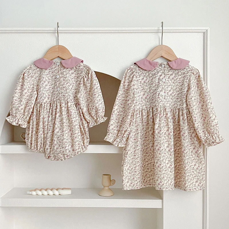 Primavera autunno bambini neonate manica lunga sorelle dolci stampa vestito pagliaccetti infantili bambini neonate vestiti da principessa