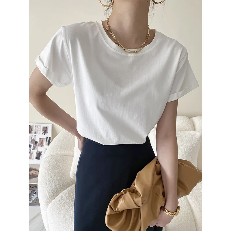 

Summer Loose Korean Style Fashion Bottoming Shirt Women's New Top Design Short-sleeved Heavy Cotton T-shirt