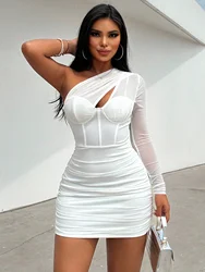 Sexy White One Shoulder Mini Party Club Dress Elegant Solid Color Ruffle Hem Bodycon Dress Summer Women's Clothing