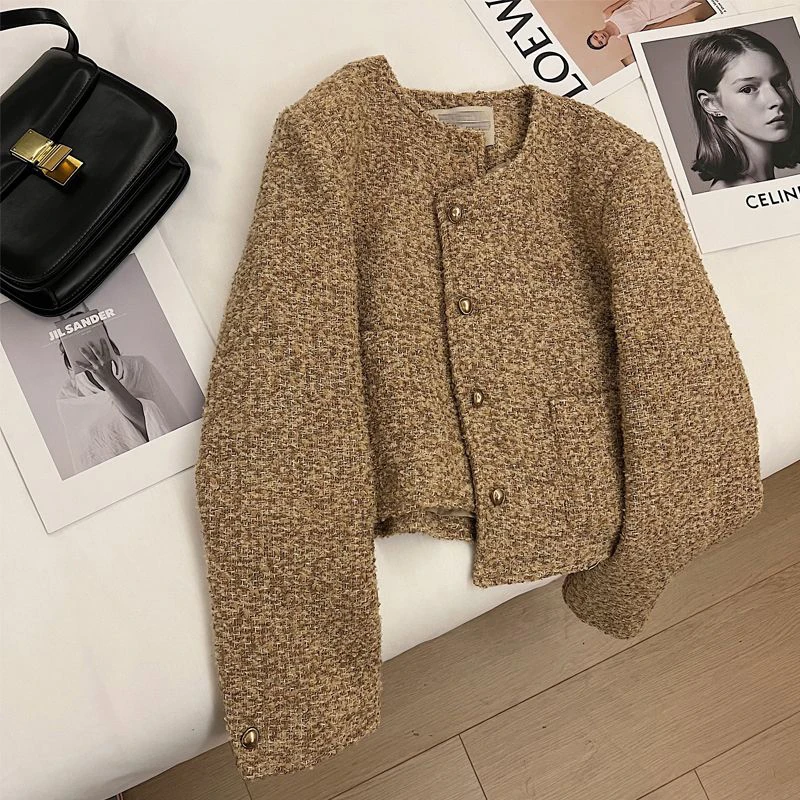 MEXZT Vintage Tweed Jacket Women Cropped Quilted Coat Winter Elegant Blazer Ladies Korean Thicken Chic Short Suit Outerwear New