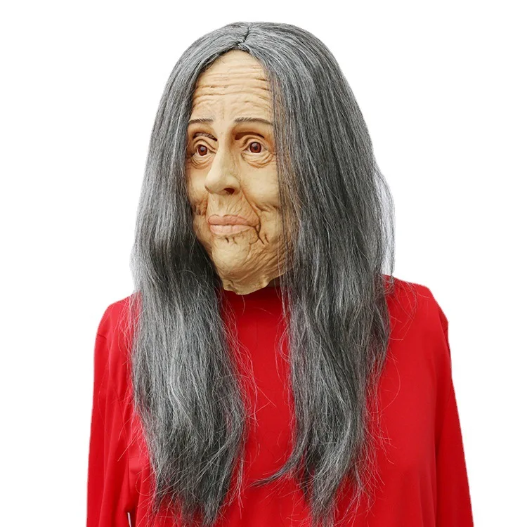 Scary Old Woman Mask Latex with Hair Halloween Fancy Dress Grimace Party Costume Cosplay Masks Props Adult One Size