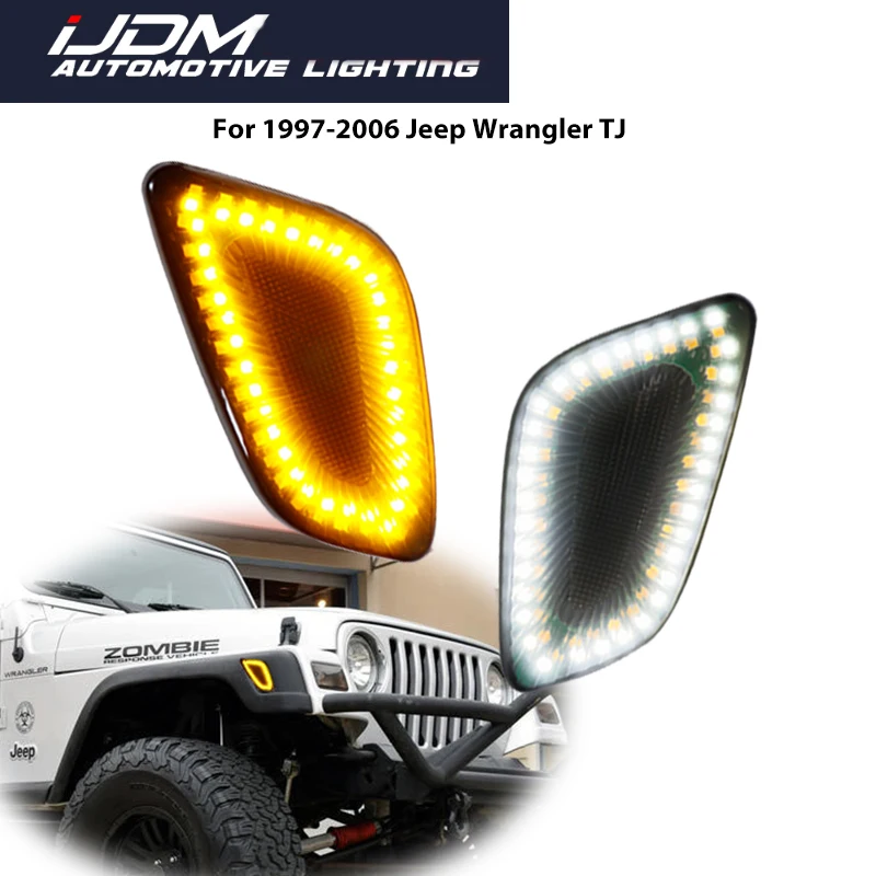 

Для Jeep Wrangler 1997-2006 Switchback Янтарный светодиодный передний крыло автомобиля, боковые габаритные огни поворота и белые фары дальнего света DRL 12 В